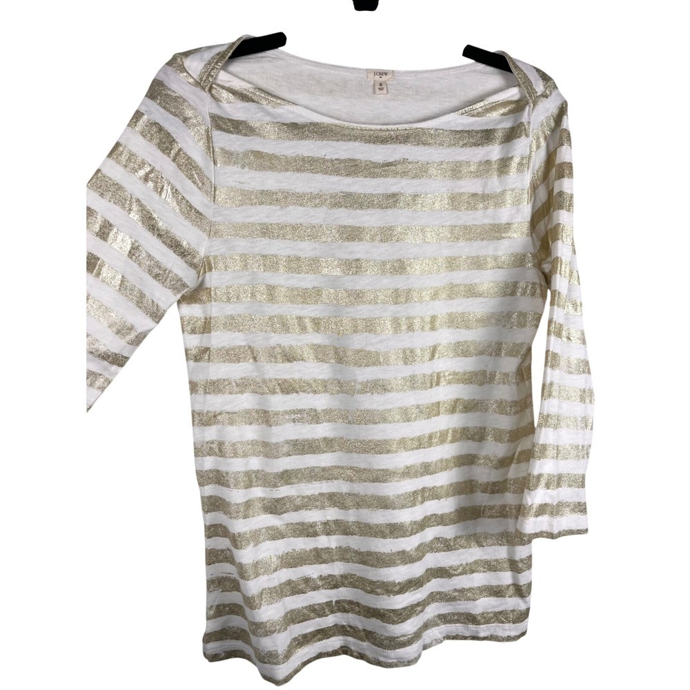 J.Crew Womens Small White Gold Metallic Stripe Boat Neck 3/4 Sleeve Top